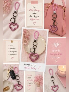 Pink Glitter Heart Keychain Wristlet | Sparkly Girly Bag Charm | Coquette